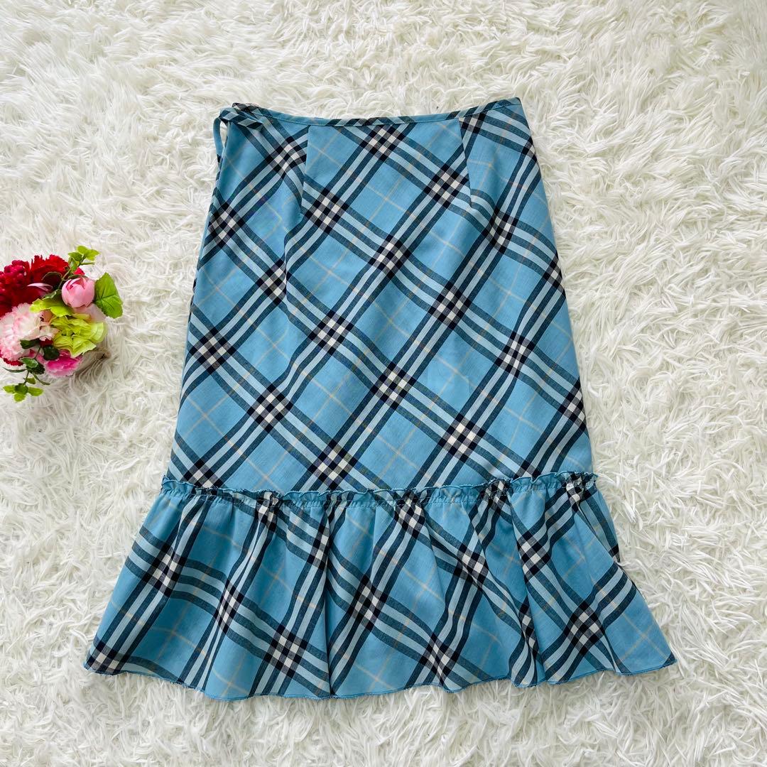 希少カラー✨バーバリーブルーレーベル　ノバチェックスカート34ラップティアード