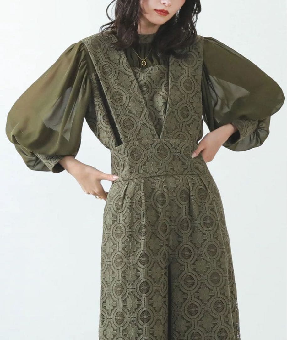 幾何学柄 レース セットアップ パンツ パーティードレス