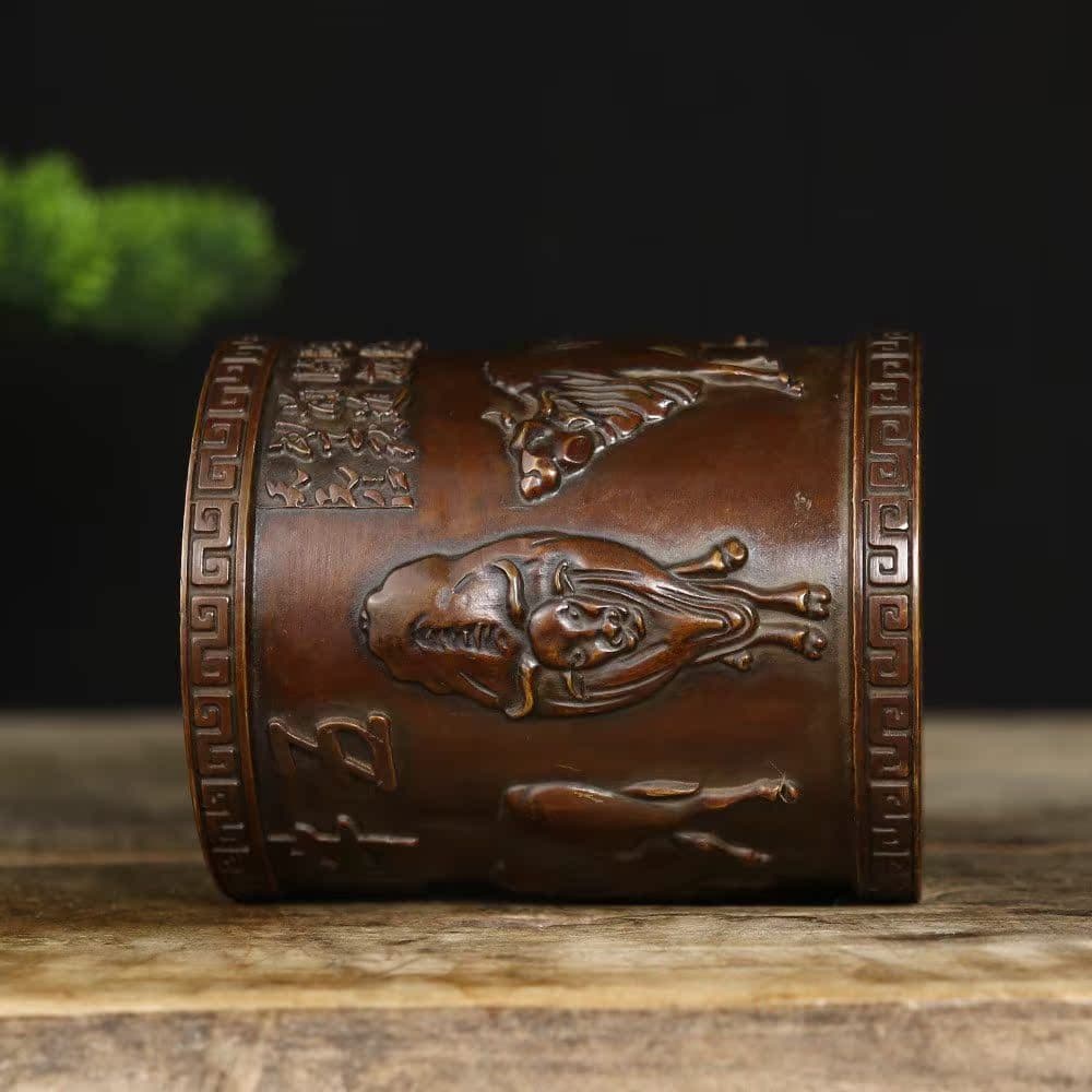 銅製 五牛図文化筆筒 書道具 文房具 筆置 筆入装飾品 工芸品 美術品