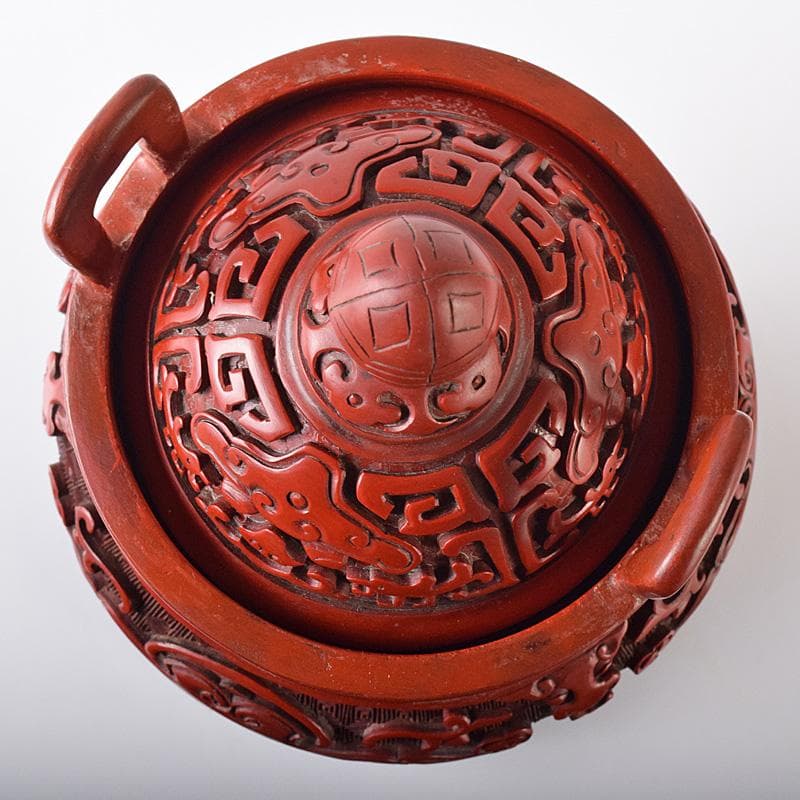 中国　剔紅　堆朱　神獣彫　香炉　唐木台付　D　R8251