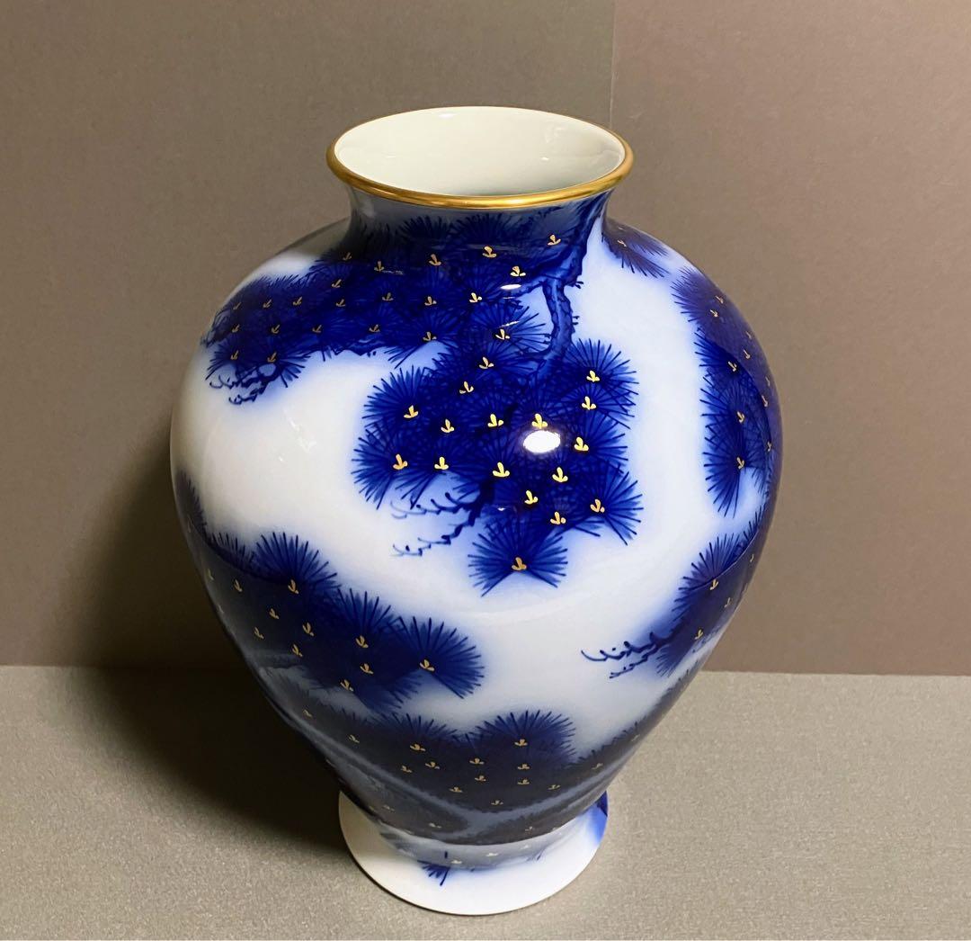 香蘭社 染錦模様 老松紋 花瓶 瑠璃色 金彩 - メルカリ