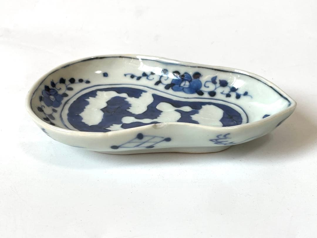 骨董 アンティーク 染付 青花 瓢形小皿 陽刻瓢文様 変形皿 道光年製