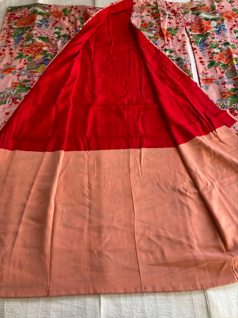 希少鳥柄　アンティーク着物帯　7歳七五三　大正ロマン　錦紗　紅絹　振袖　卒業式