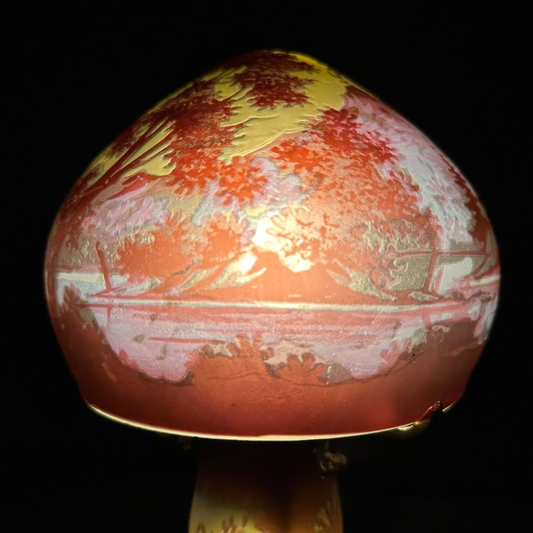 エミールガレ 2灯 山景文 台座真鍮 カメオ彫り 被せガラス 高さ32cm