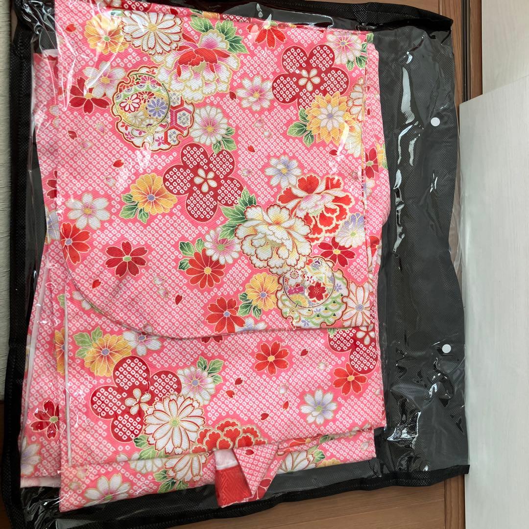 七五三 七歳 四つ身 西織ピンク花柄着物 フルセット 小紋柄