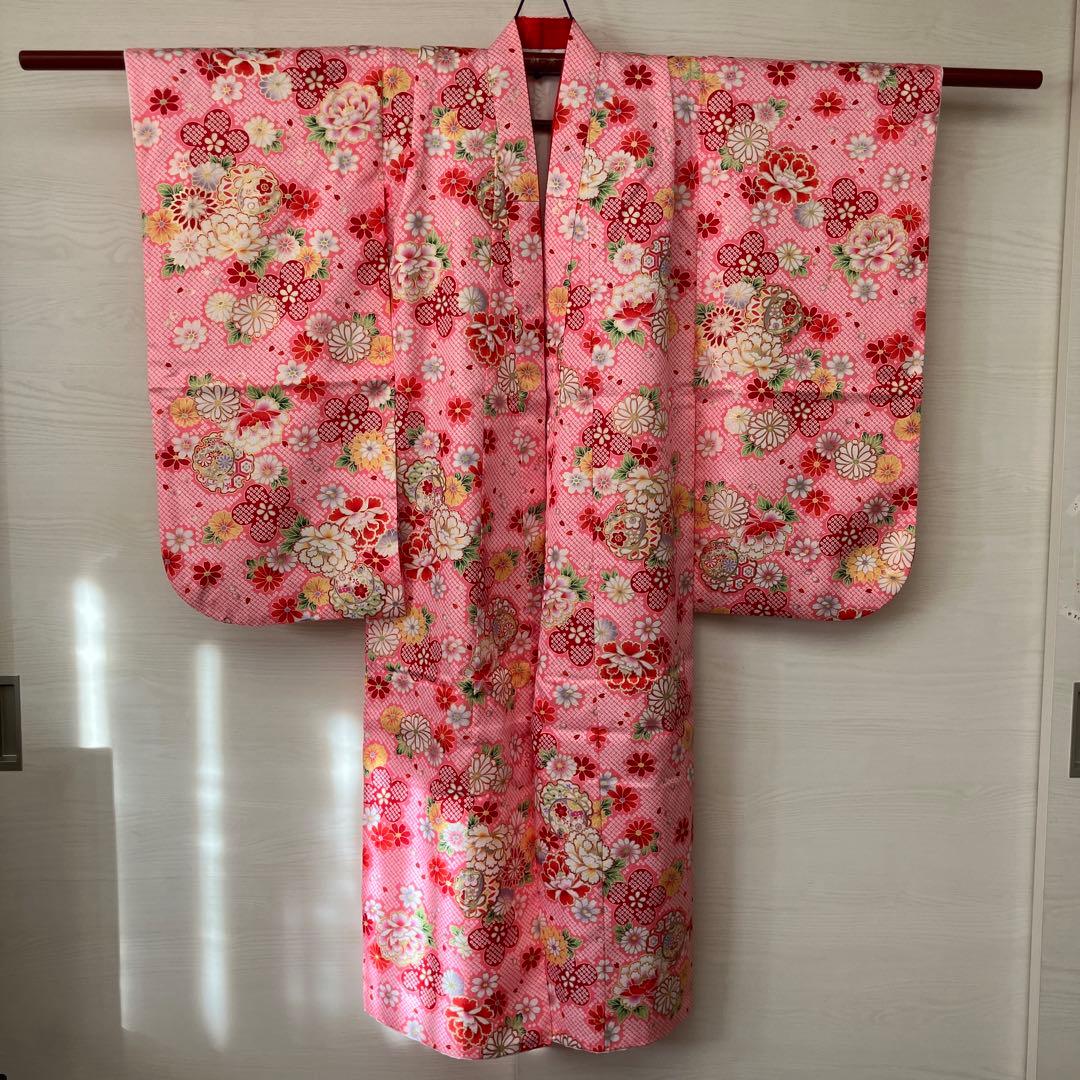 七五三 七歳 四つ身 西織ピンク花柄着物 フルセット 小紋柄