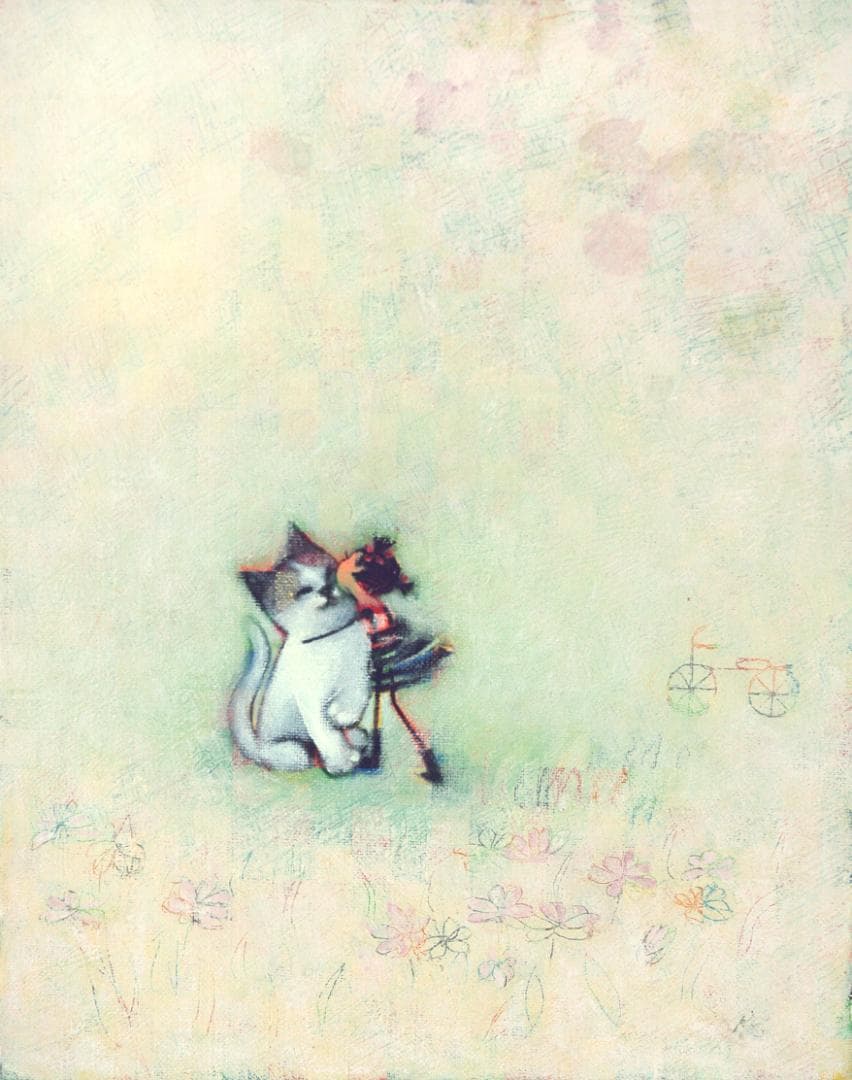 油絵 菅家令子 絵 絵画インテリア 額付(黒) F3-051621 子猫と女の子