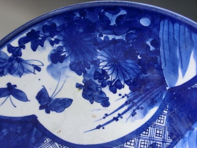 大皿□ベロ藍(江戸後期~明治期)古い染付 鶴 花蝶紋 花唐草 直し有り