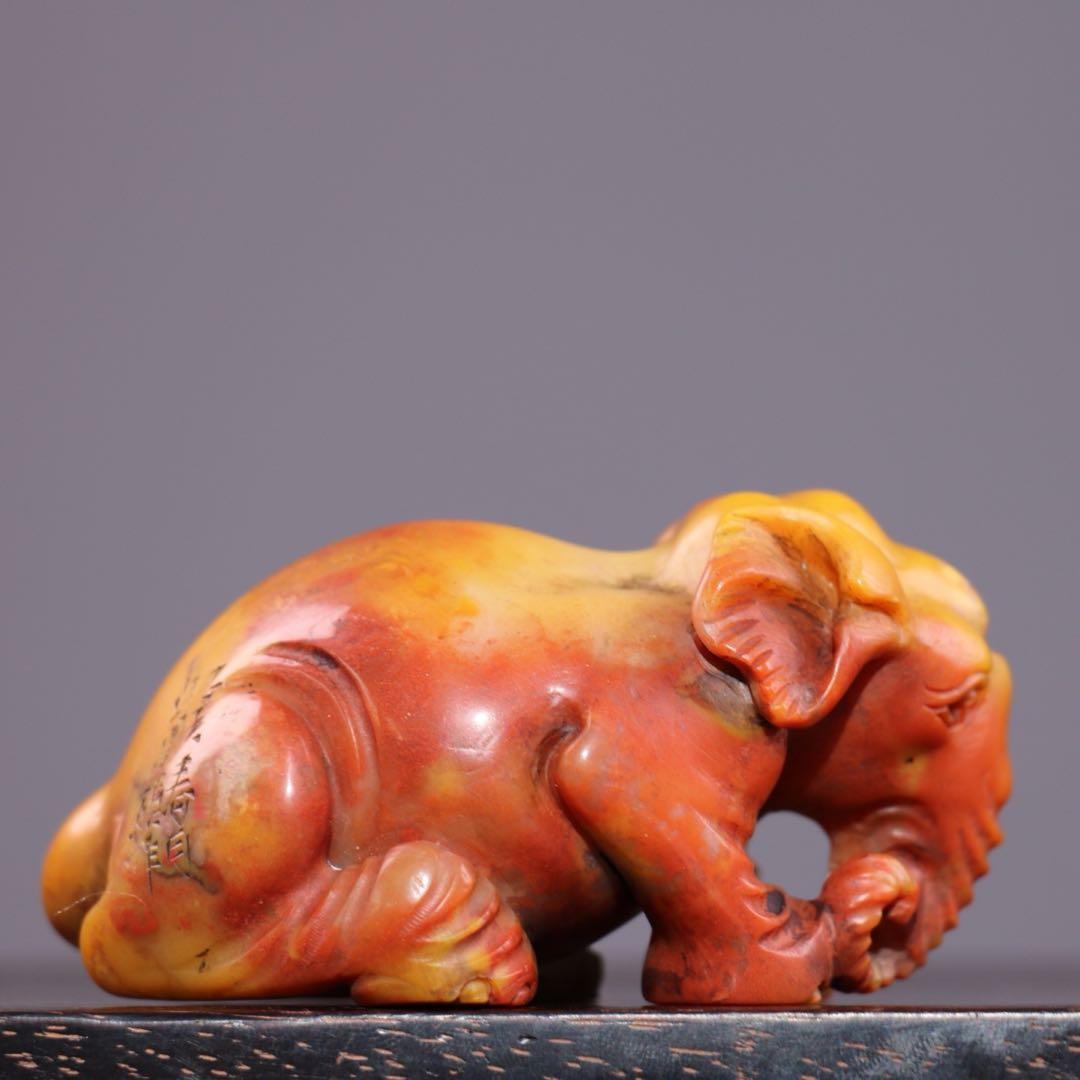 旧蔵 極細工彫刻 天然 寿山石 象 置物 古美術 美品 逸品 アンティーク