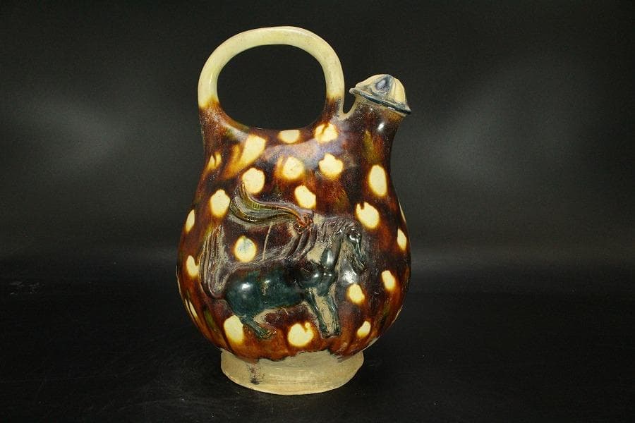 中国美術 唐三彩 貼馬紋 注瓶 壷 高29cm 希少(LC241)