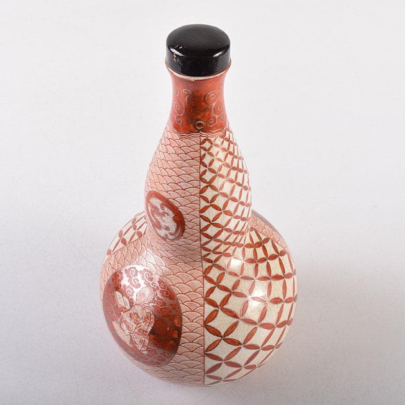 九谷焼　赤絵　人物文　葫蘆瓶　徳利　時代箱付　M　R8640