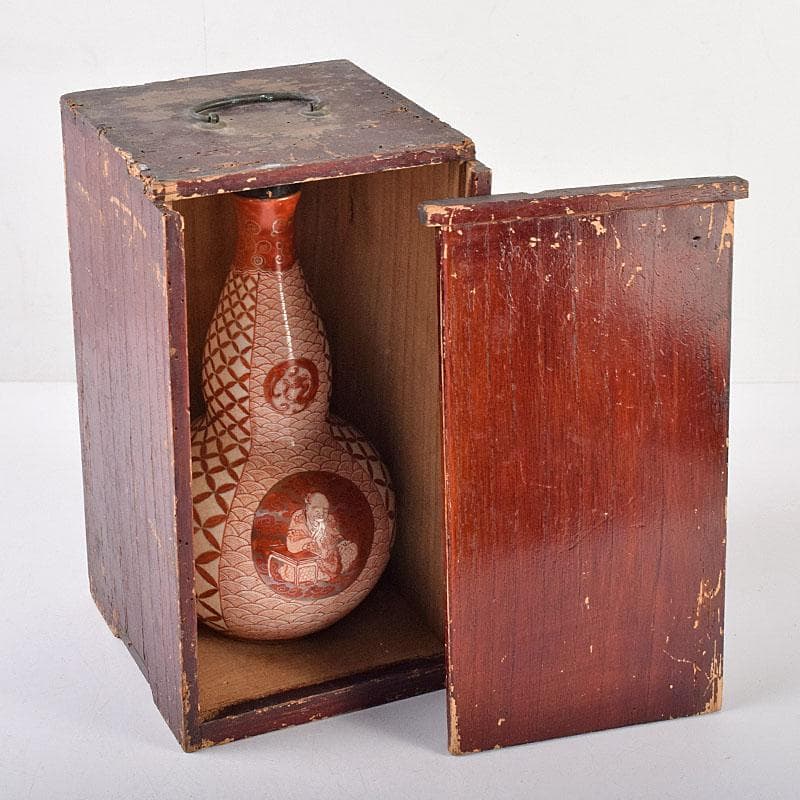 九谷焼　赤絵　人物文　葫蘆瓶　徳利　時代箱付　M　R8640