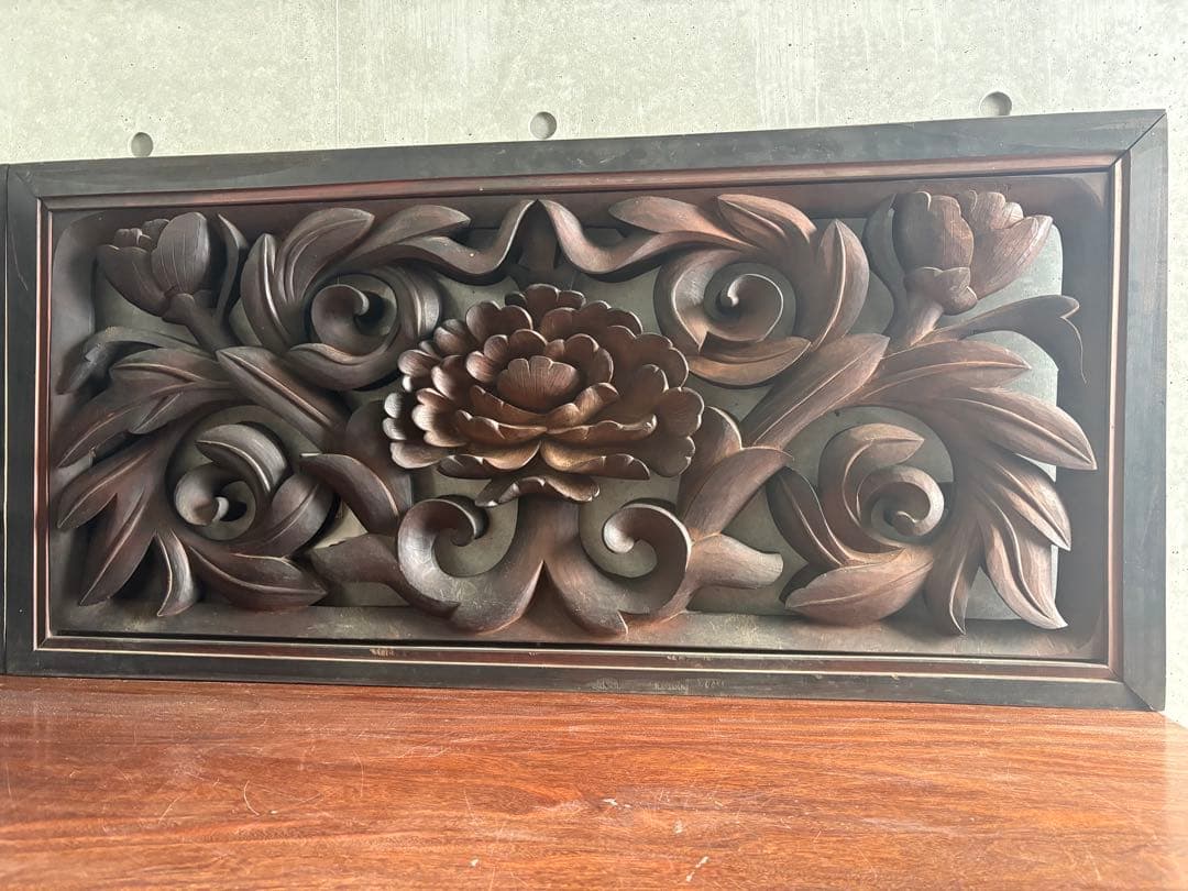 欄間 らんま 檜？木彫り 各々14kg弱 どっしり アンティーク 菊 蓮