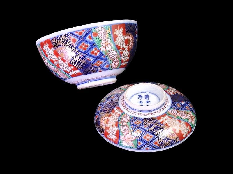 大聖寺伊万里　金襴手　捻り紋に寿の図　蓋茶碗　N158AS-DCd