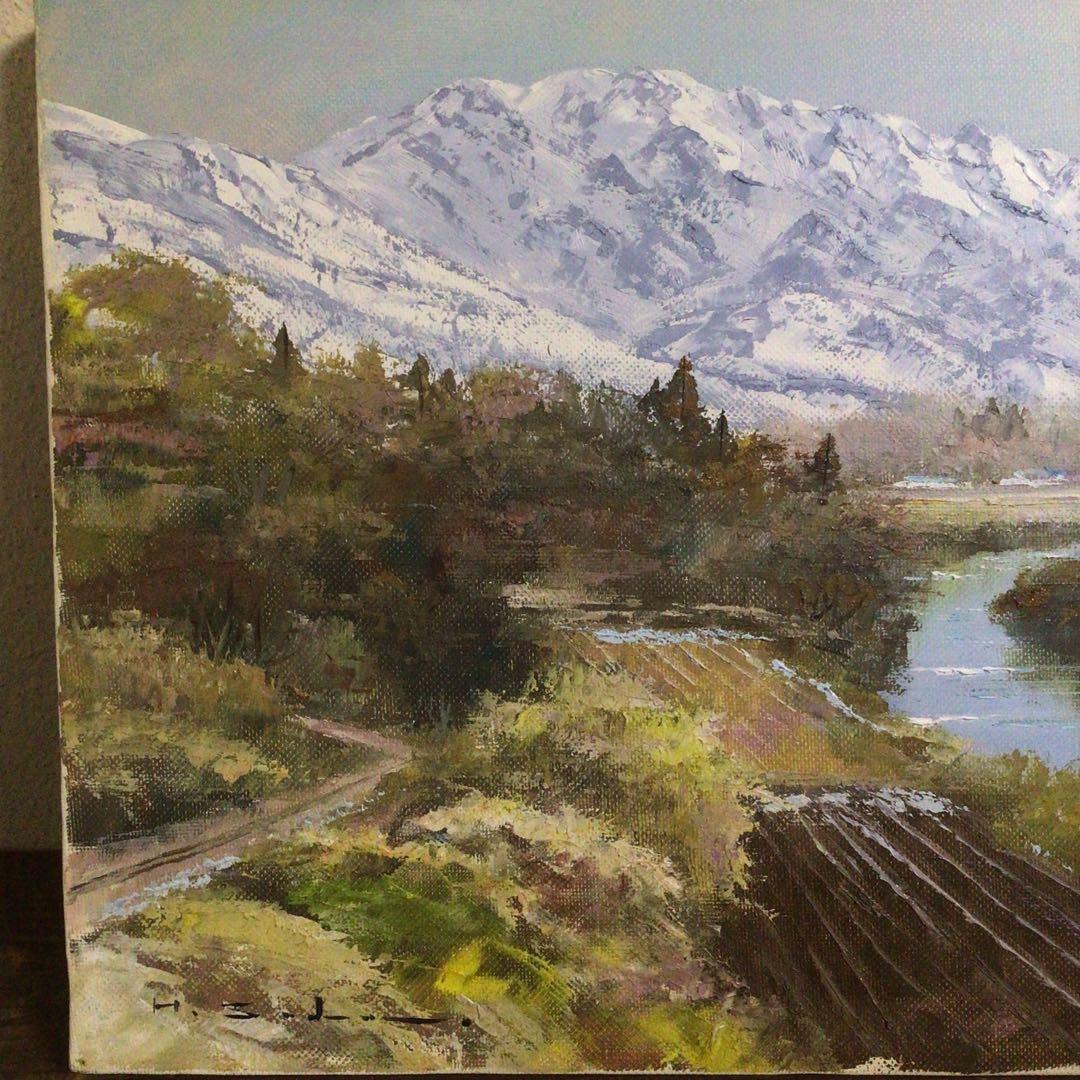 No4035額装　佐田光「南駒ヶ岳」　油彩画　F4号　直筆サイン　美術　送料無料