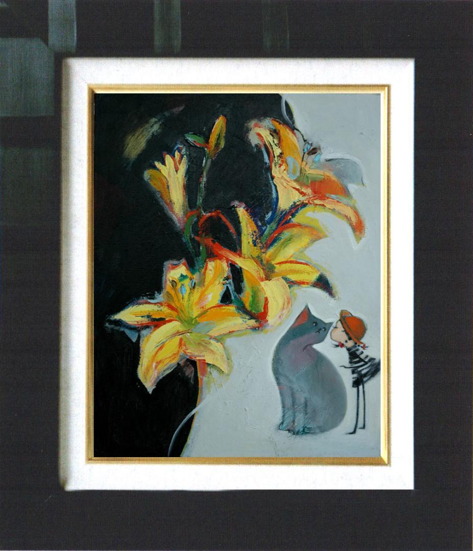 油絵 菅家令子 絵 絵画インテリア額付(黒) uF6-050320 子猫と女の子 油絵 菅家令子 絵 絵画インテリア額付(白) uF6-050320 子猫と女の子