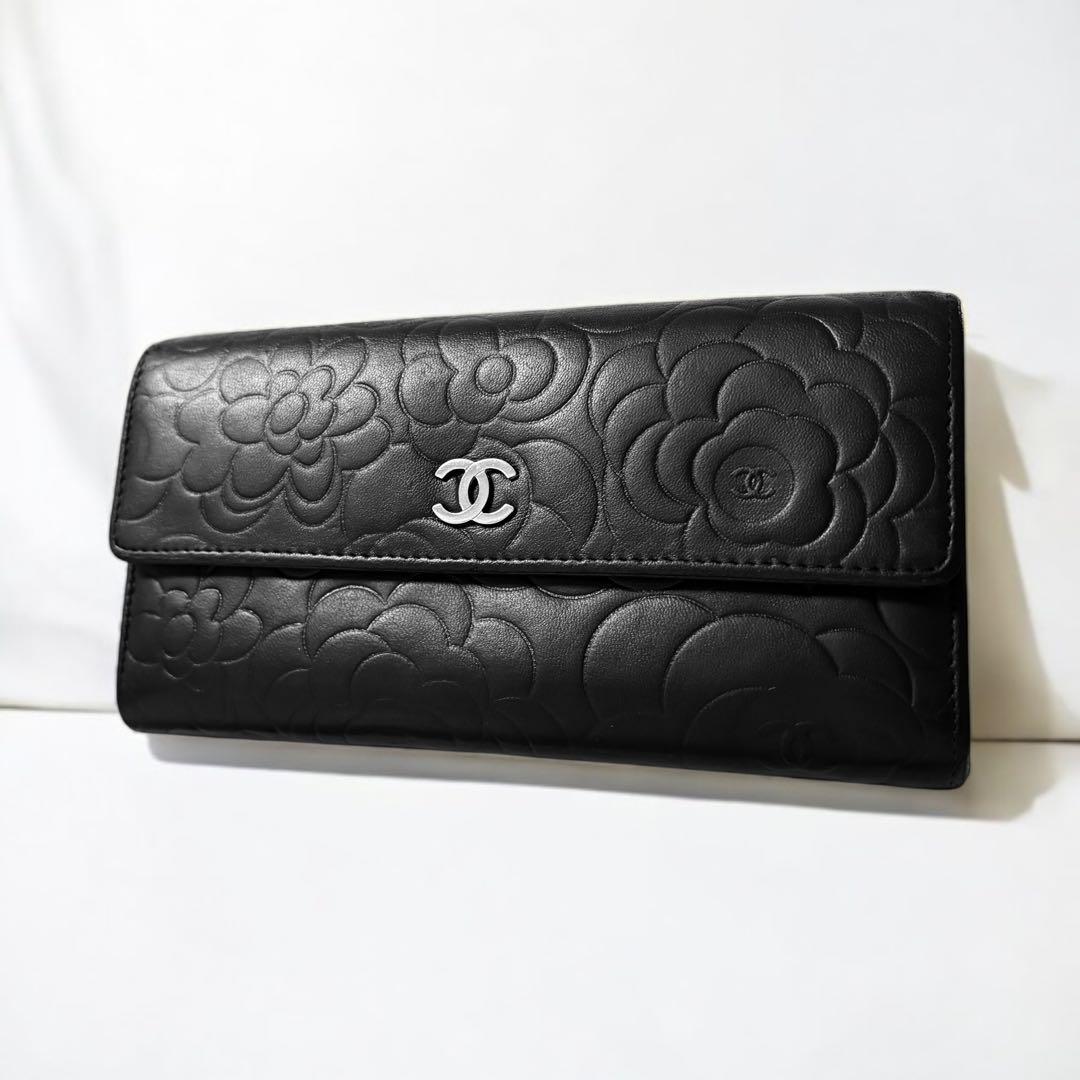 CHANEL シャネル 長財布 カメリア ラムスキン ブラック 黒