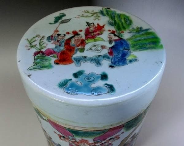 蓋物□中国陶磁器人物色絵合子 茶入 桃松 唐人 蓋鉢 丸筒鉢