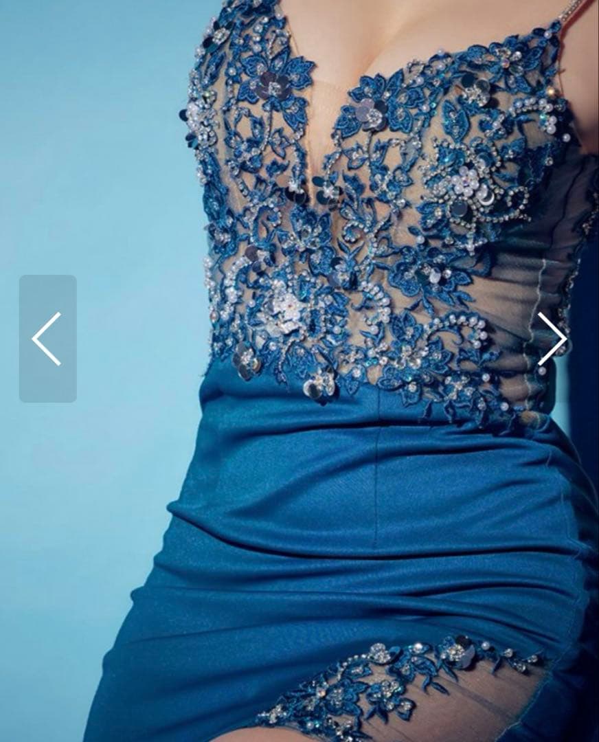 エンジェルアール　ブルー　ナイトドレス　キャバドレス　ビジュー　フラワー　ドレス