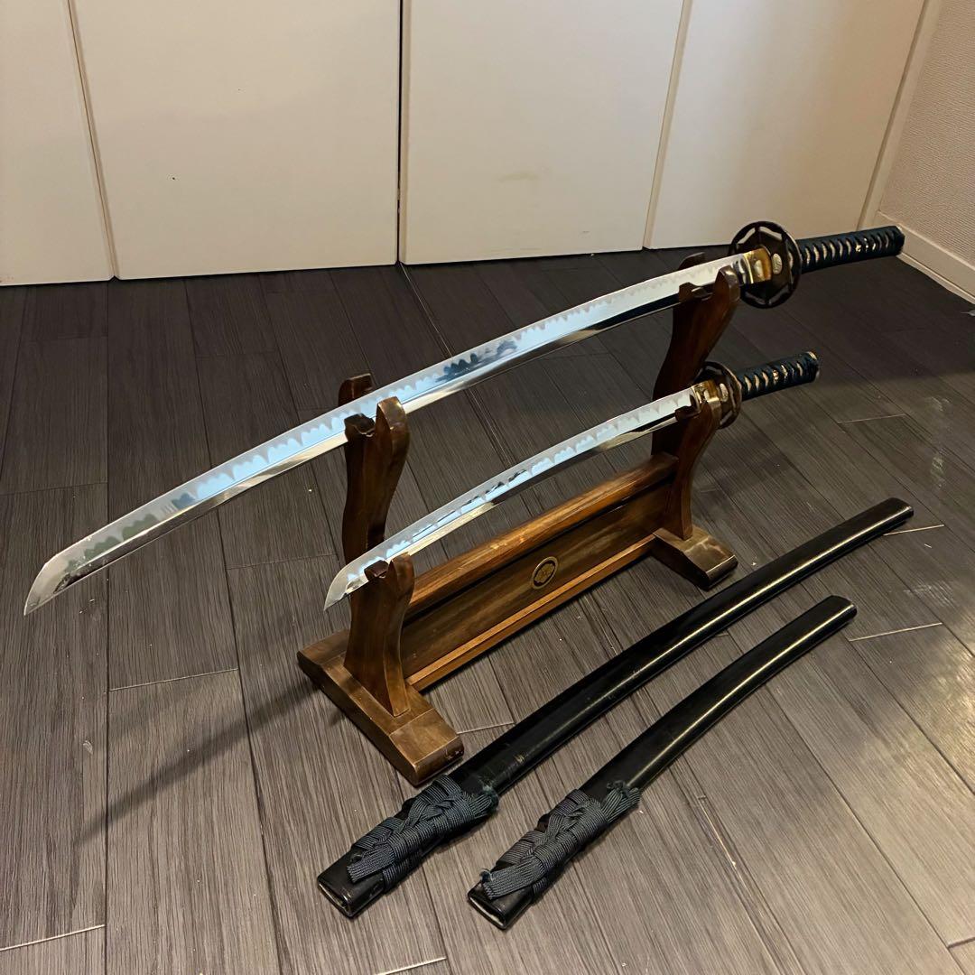 高級模造刀　金鍔　美術刀剣　太刀　脇差　大小セット　緑拵え　2本セット