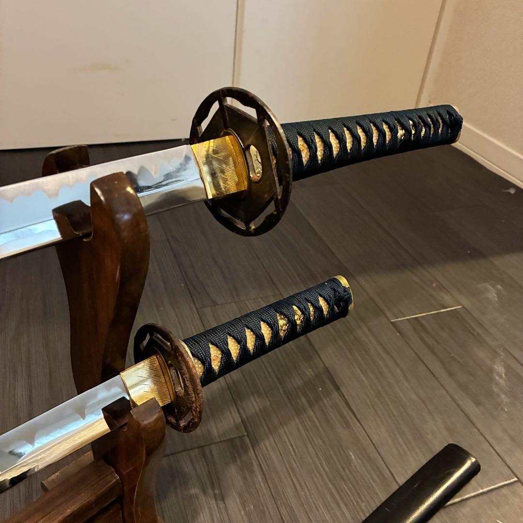 高級模造刀　金鍔　美術刀剣　太刀　脇差　大小セット　緑拵え　2本セット