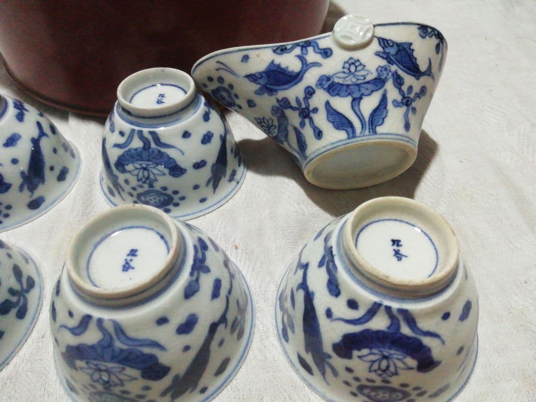 ♪時代九谷染付 煎茶揃い 朱漆茶櫃共