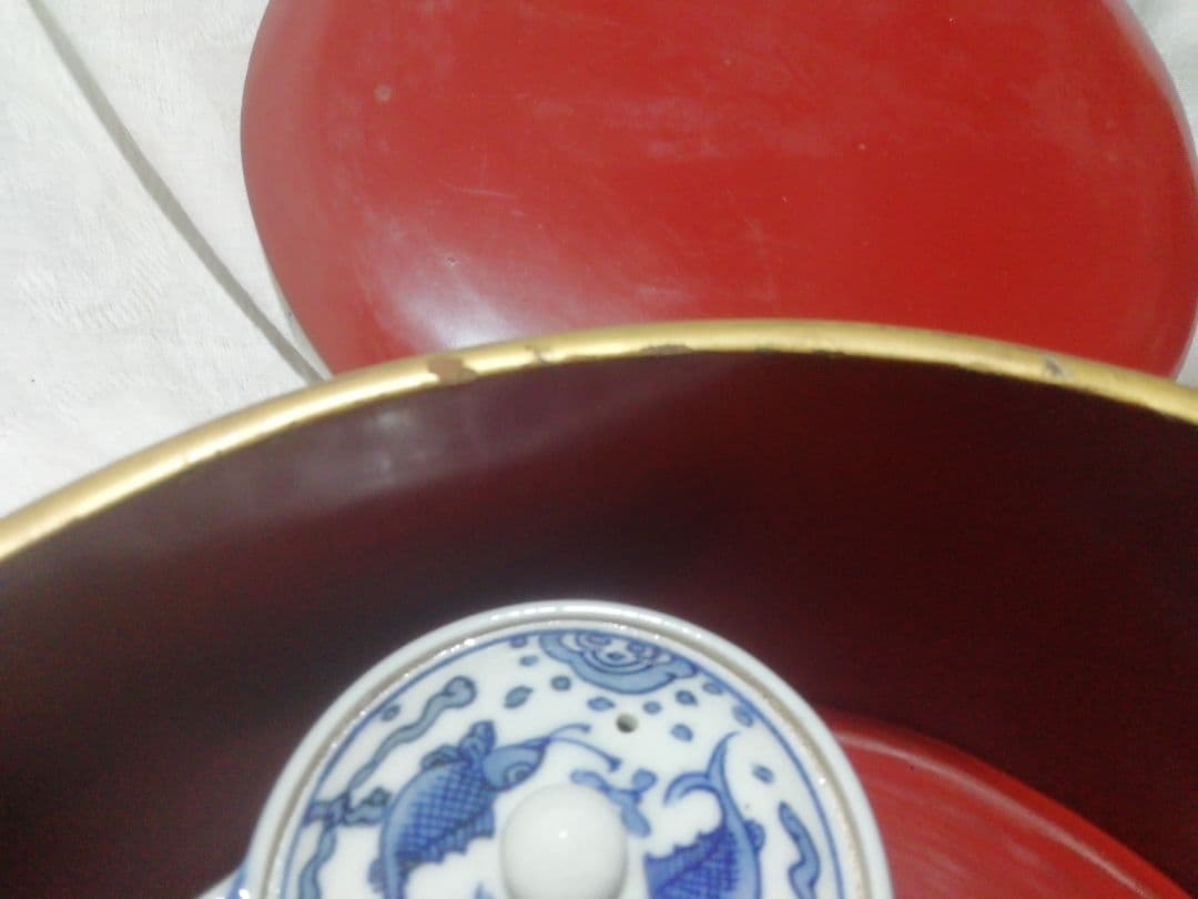 ♪時代九谷染付 煎茶揃い 朱漆茶櫃共