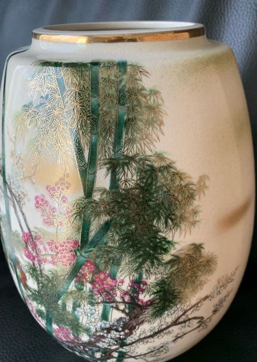 未使用‼️九谷焼　花瓶　竹雀　金彩　九谷窯元陶寿製　8号　美術品