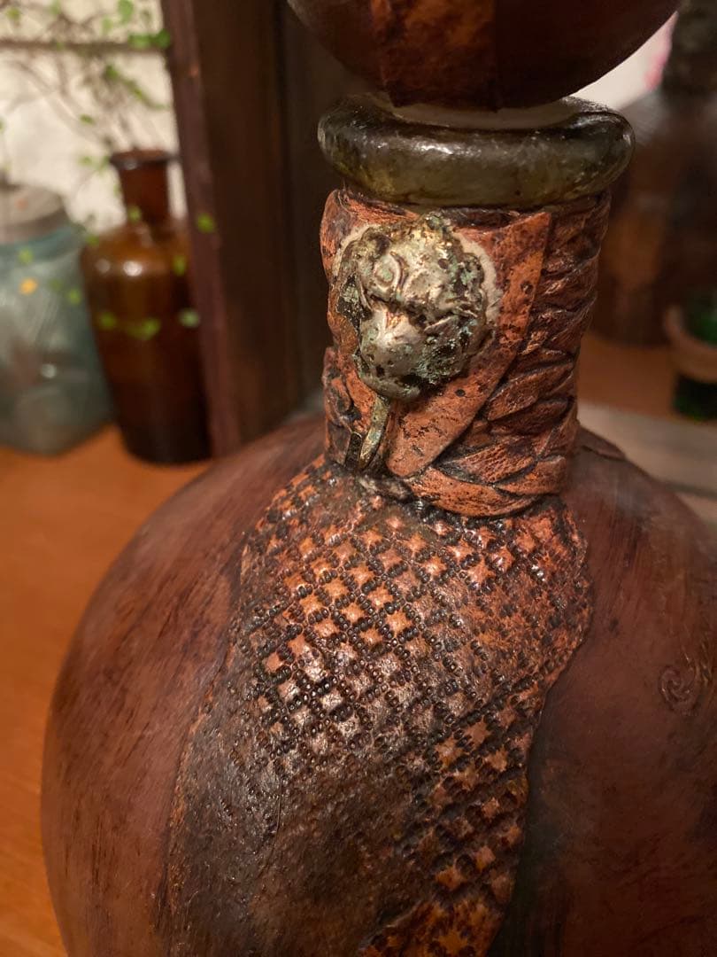 革張り Italy 瓶 ビン グラス付き アンティーク イタリア製 空瓶 骨董