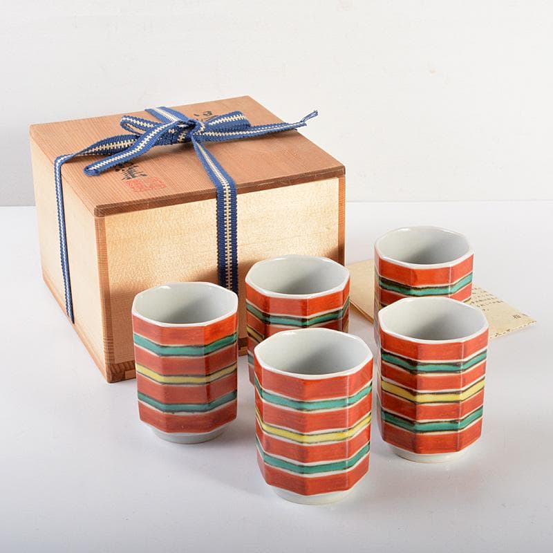 幸兵衛窯　色絵　筋文　八角　湯呑　5客　共箱　N　5991 幸兵衛窯 色絵 筋文 八角 湯呑 5客 共箱 N 5991 幸兵衛窯 色絵