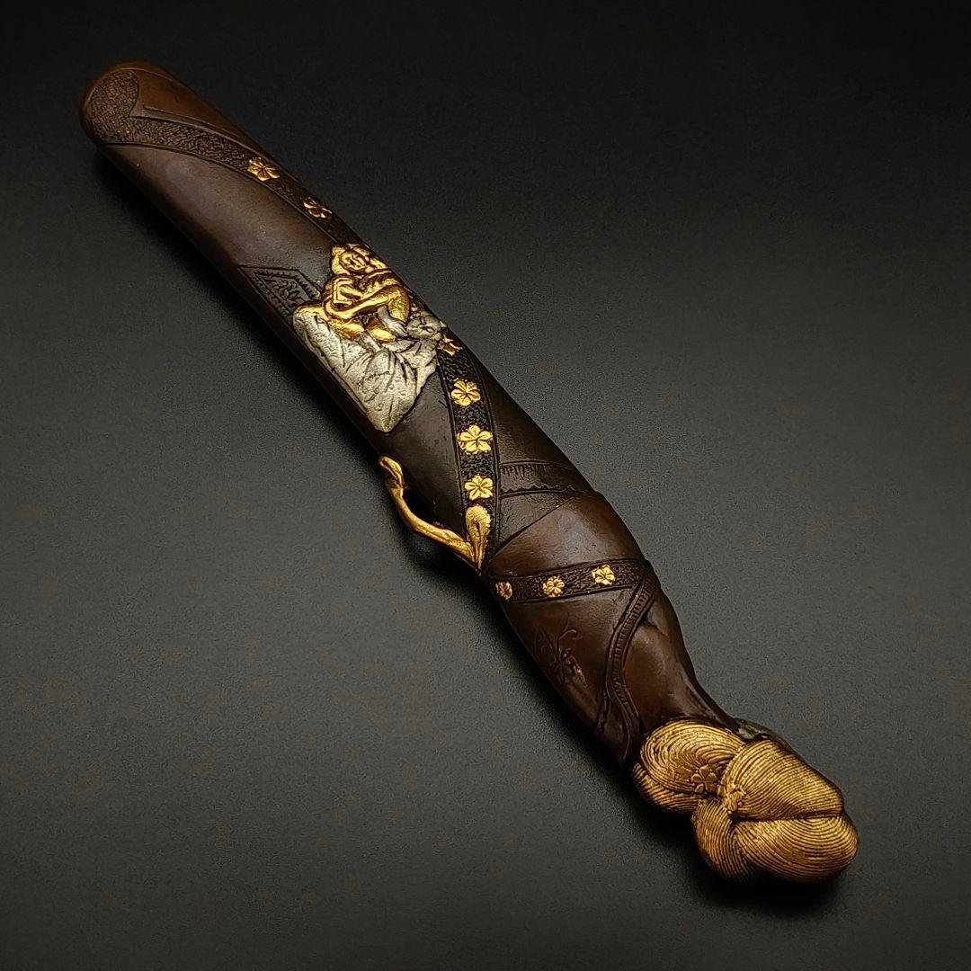 年末セール　銅製刀装具　短刀拵　柄鞘一式　遊女の図　絵金銀　金工品　細工　刀装具