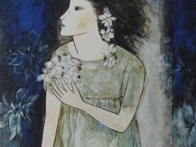 菊川三織子、【白い花】、希少な額装用画集より、新品額装付、状態良好