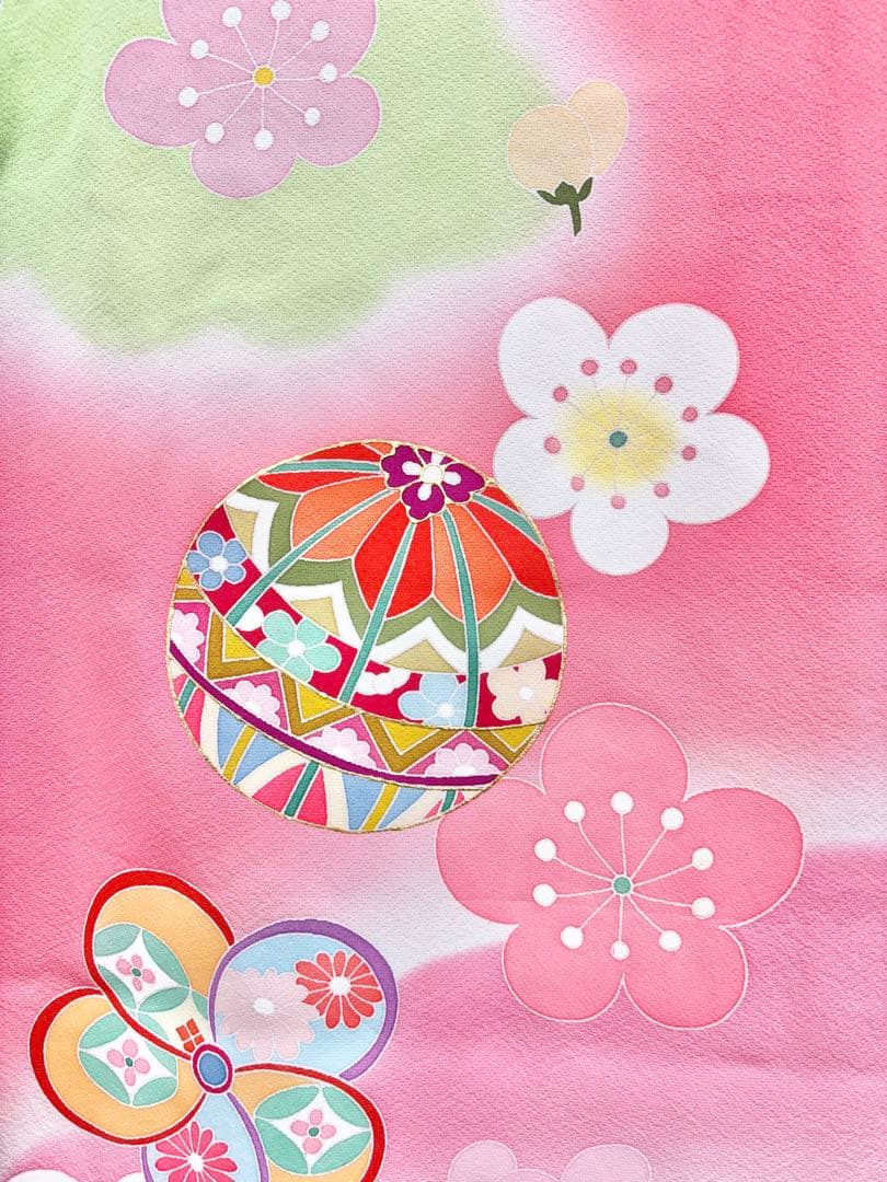 七五三着物　7才　女児　四つ身　まり・桜／ピンク系《子供491》#江戸小もーん