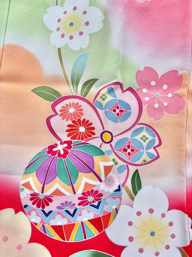 七五三着物　7才　女児　四つ身　まり・桜／ピンク系《子供491》#江戸小もーん