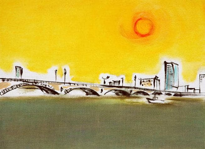 油絵 菅家令子 絵 絵画インテリア 額付(銀) F4-090814風景 太陽橋