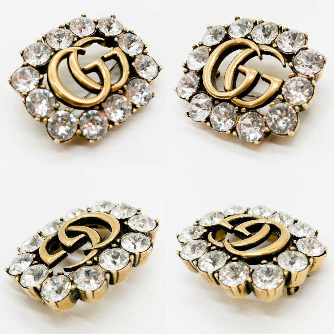 GUCCI グッチ ブローチ ダブルG クリスタル ラインストーン メタル GG