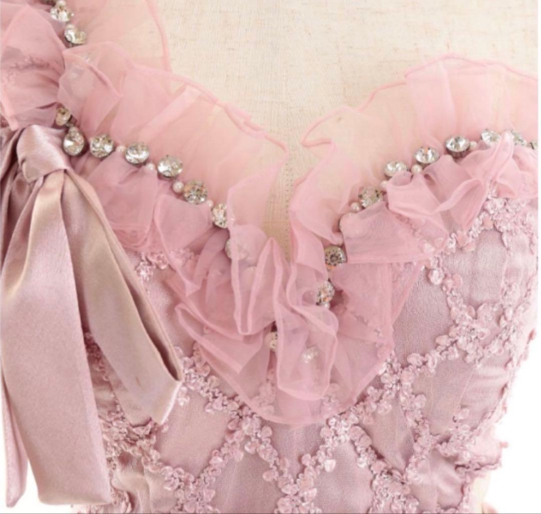 ローブドフルール　ビジューフリルレースリボンピンクドレス