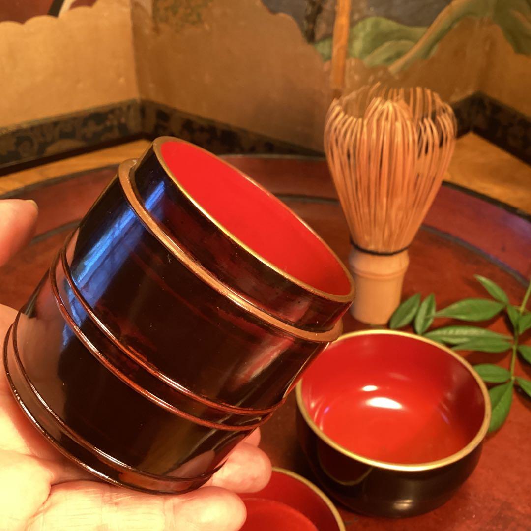 A1025 木製漆器　溜塗　　時代　化粧道具　菓子器　小物入（大、小）セット