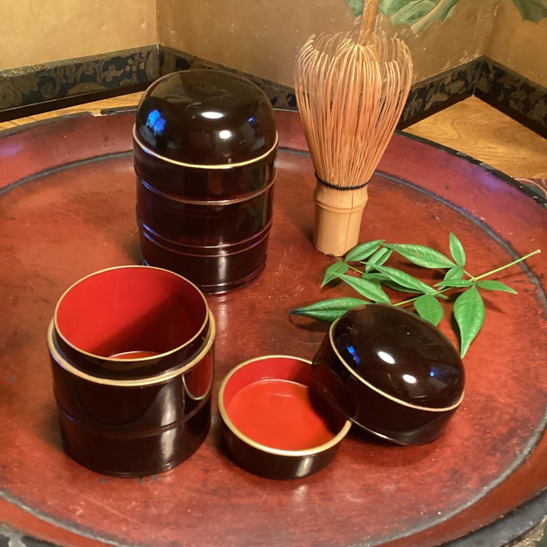 A1025 木製漆器　溜塗　　時代　化粧道具　菓子器　小物入（大、小）セット