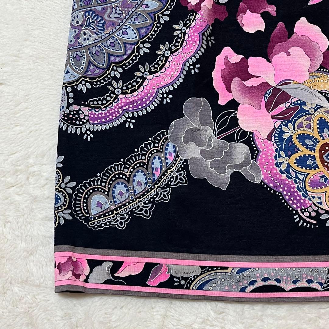 レオナール スカート ウールシルク 花柄 ペイズリー ひざ丈 76 黒ピンク