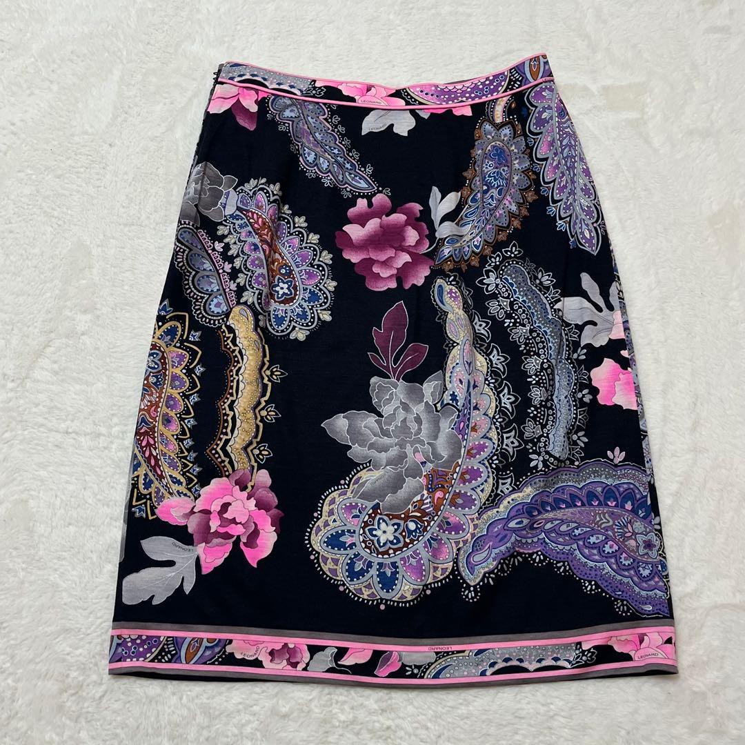 レオナール スカート ウールシルク 花柄 ペイズリー ひざ丈 76 黒ピンク