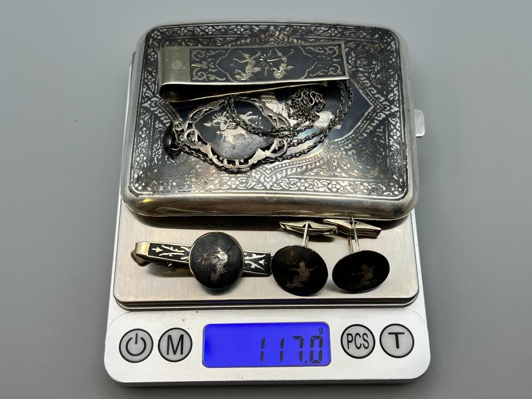 銀製　STERLING　刻印　シガレットケース　マネークリップ　カフス　117g