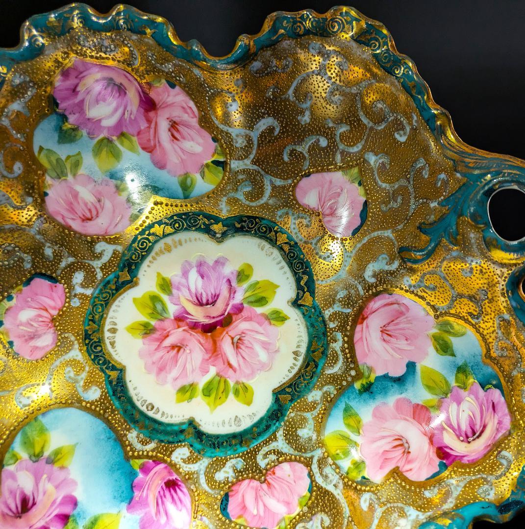 迫力のヘキサグラム★大皿★里帰り★金彩金盛上薔薇紋様持手六芒星大皿 25㎝