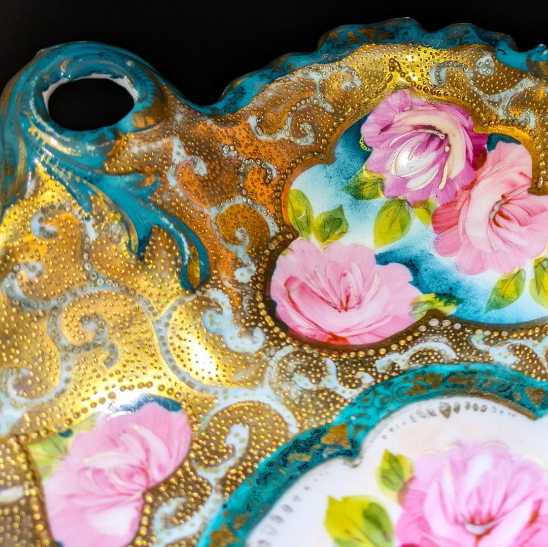 迫力のヘキサグラム★大皿★里帰り★金彩金盛上薔薇紋様持手六芒星大皿 25㎝