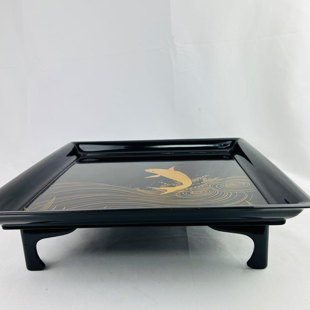 輪島塗 脚付き御膳 10枚揃 鯉蒔絵 黒塗 木箱付　古漆器