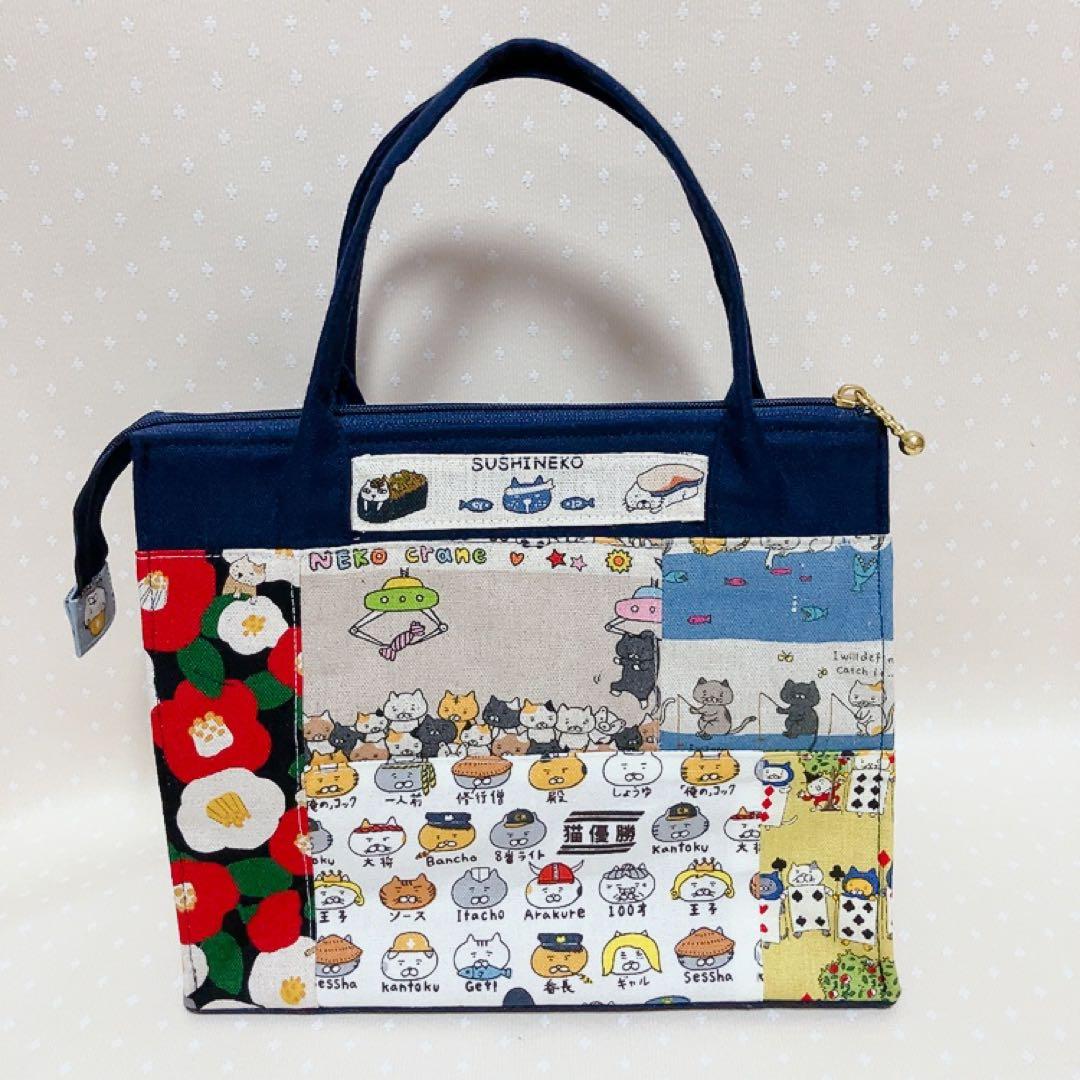 チャッピー。 テントポーチ パッチワーク猫生地 巾着付きトートバッグ