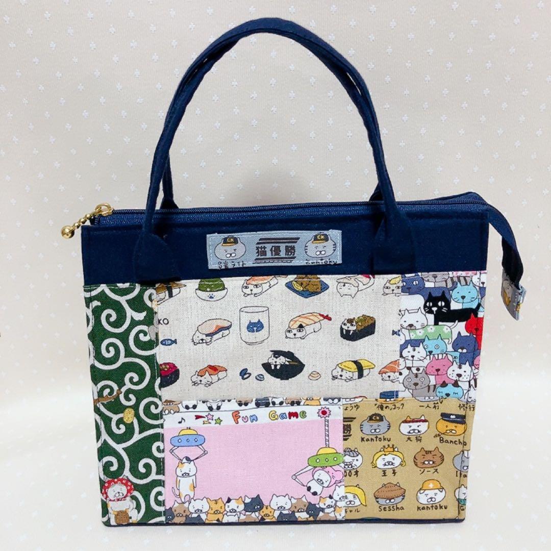 チャッピー。 テントポーチ パッチワーク猫生地 巾着付きトートバッグ