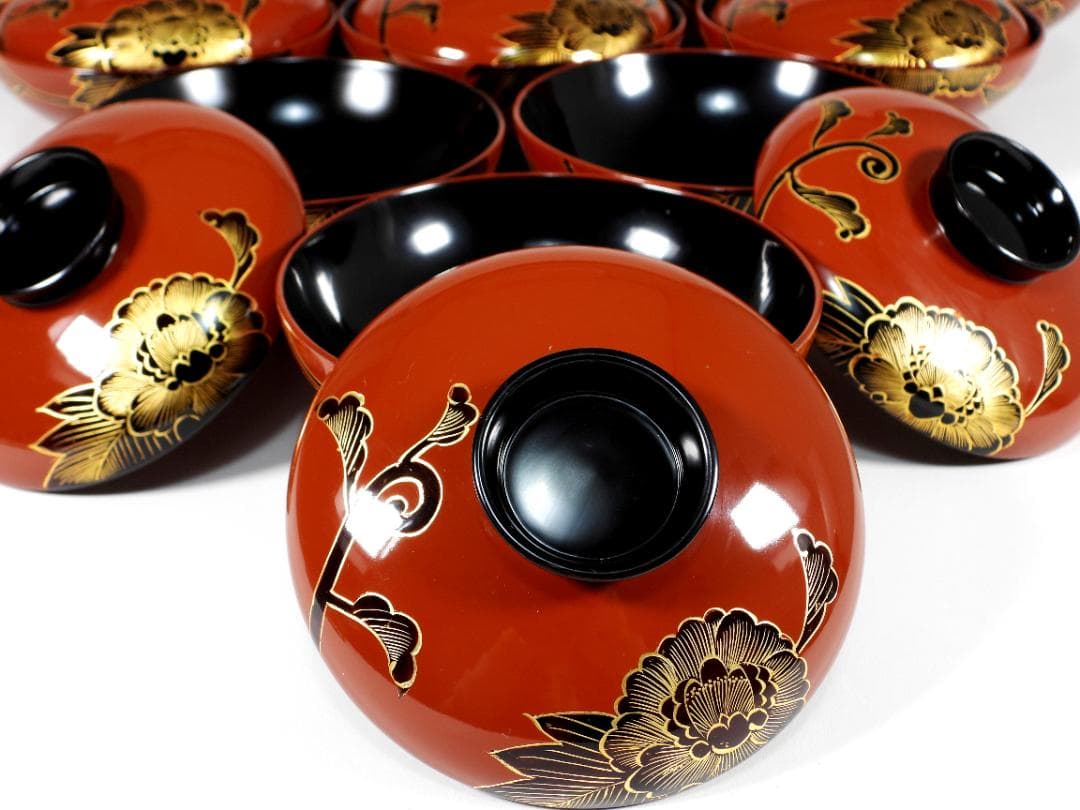 輪島塗　懐石椀汁椀　蒔絵椀　上質朱漆　牡丹沈金 蓋碗十客 共箱