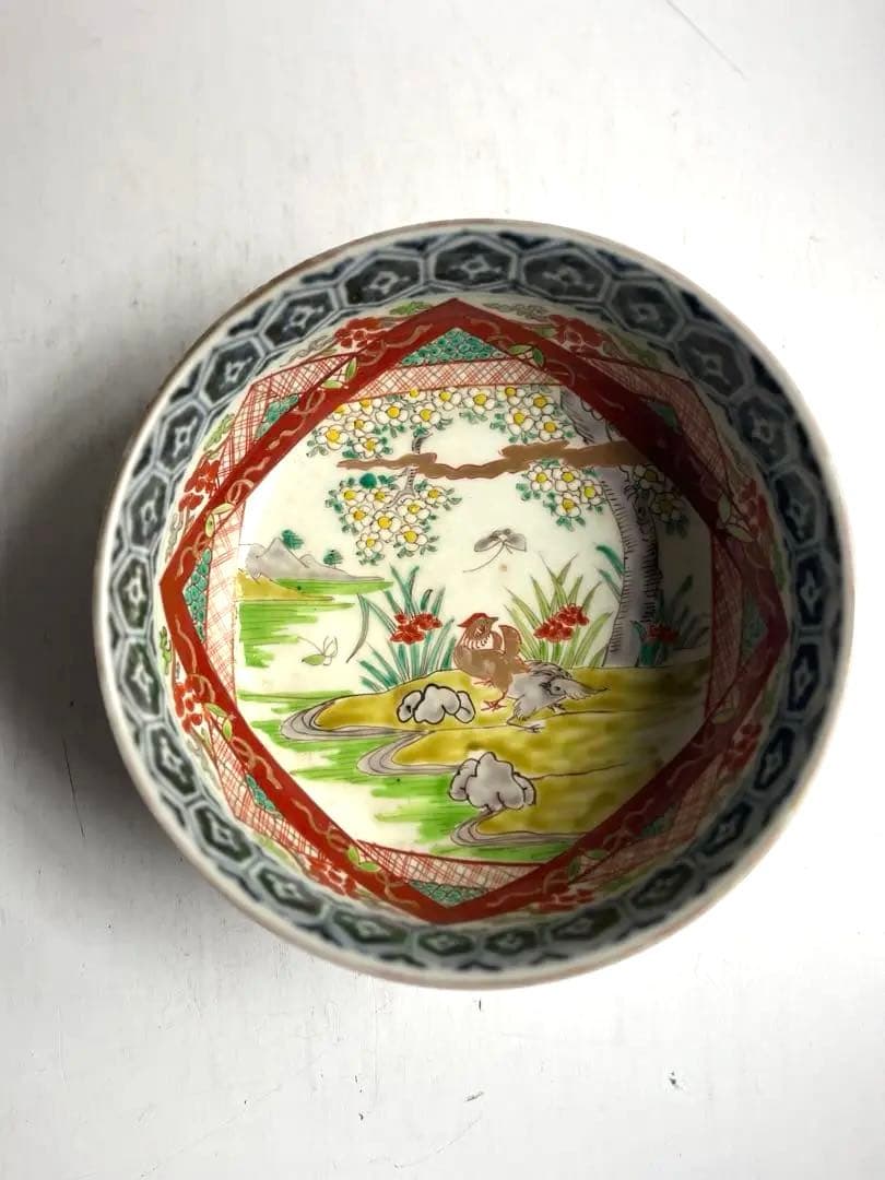 518 骨董 アンティーク 古伊万里 染付 豪華 色絵金彩花鳥図7寸鉢 幕末