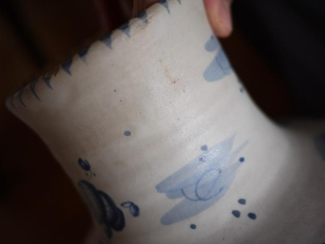 タラベラ焼　陶器花瓶　スペイン　デルフトブルー　マジョリカ　アラベスク花唐草